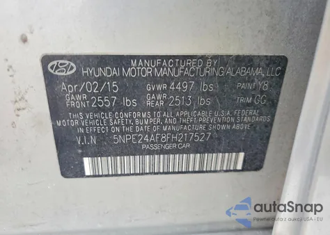 2015 Hyundai Sonata Se z USA, uszkodzony, nr VIN 5NPE24AF8FH217527